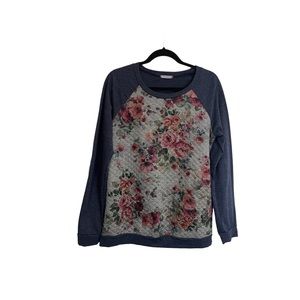 12PM By Mon Ami Blue Pink Floral Quilted Long Sleeve Elbow Patch Sweater Size L